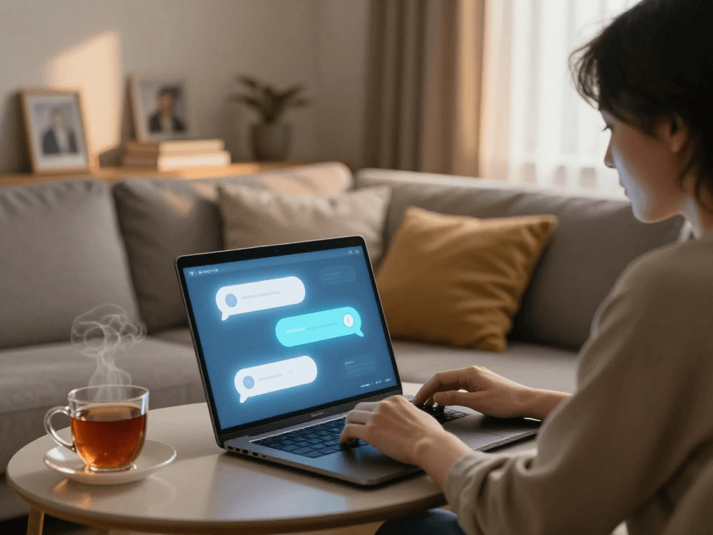 Cozy living room scene with person chatting on laptop about dirty chat ai, warm lighting and personal touches.