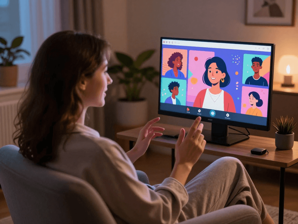 Engaging in AI sex chat on a glowing device in a cozy setting, showcasing innovative interaction.