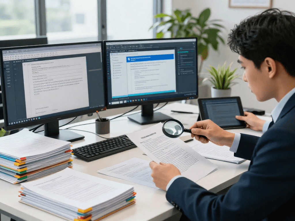 Professional workspace for document fraud detection analysis with investigator examining details.