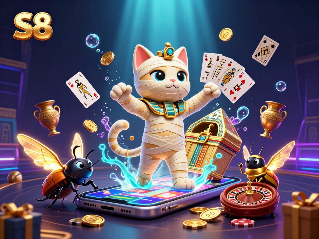 S8 slots action with a mummy cat and scarab beetle amidst vibrant casino elements.