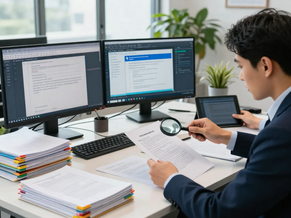 Professional workspace for document fraud detection analysis with investigator examining details.