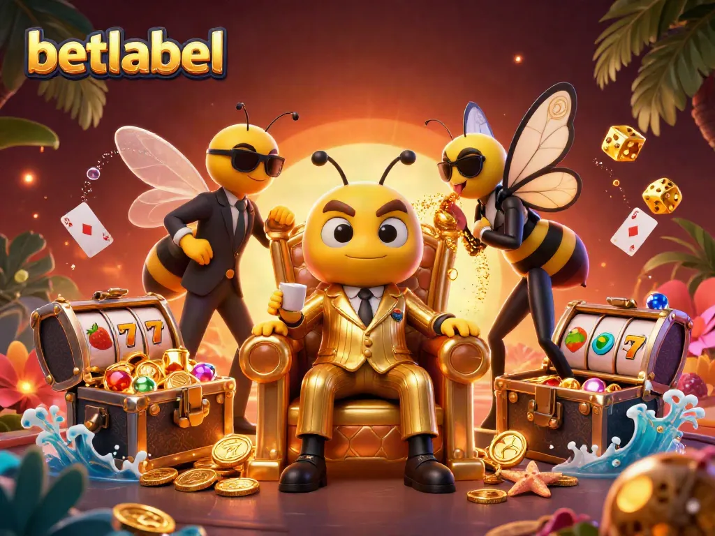 Play exciting games at betlabel with a cartoon bumblebee mob boss in a vibrant casino scene.