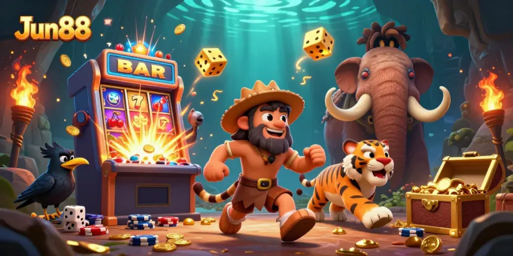 Experience thrilling casino games at Jun88 with vibrant characters amidst a jackpot-filled atmosphere.
