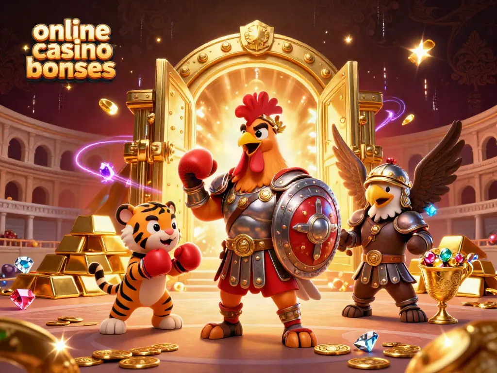 Discover exciting online casino bonuses with a vivid and dynamic 3D illustration featuring vibrant characters and treasure!