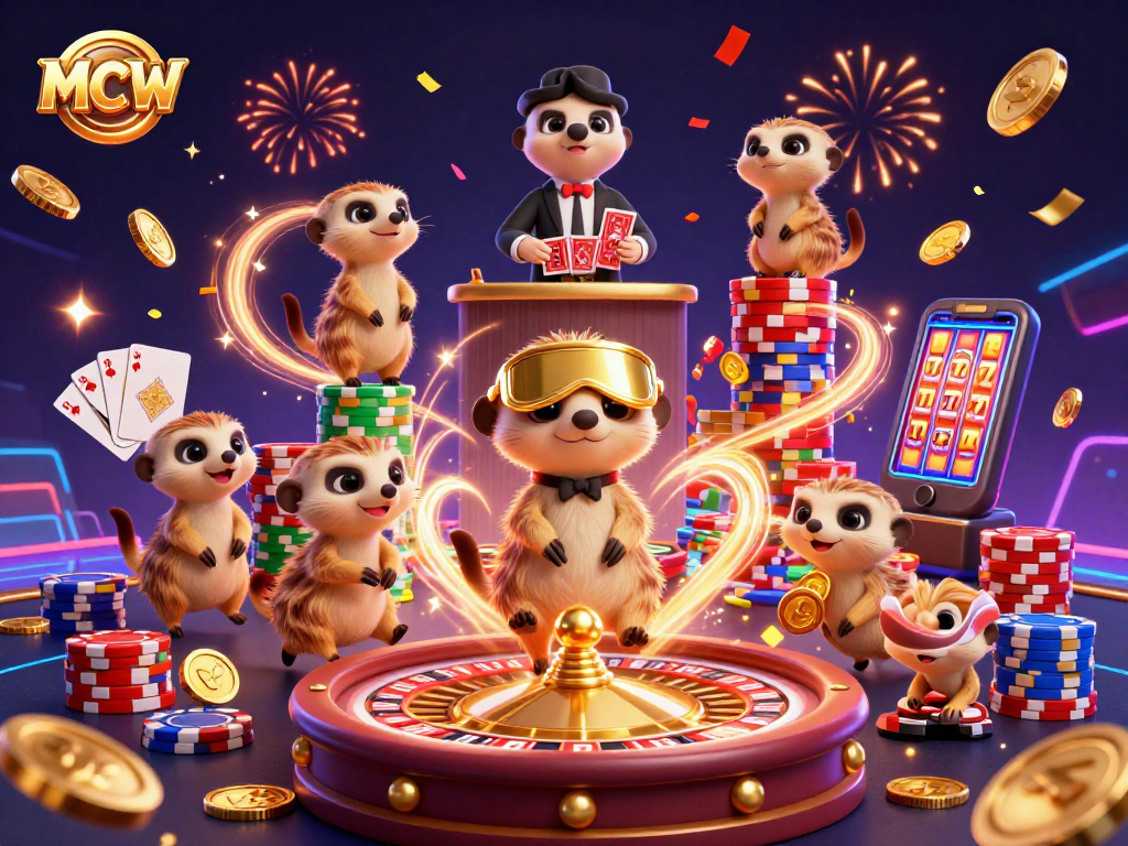 Join the fun at MCW Casino with meerkats playing games and managing chips in a vibrant scene.