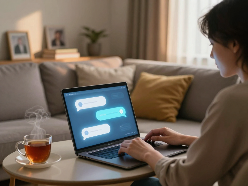 Cozy living room scene with person chatting on laptop about dirty chat ai, warm lighting and personal touches.