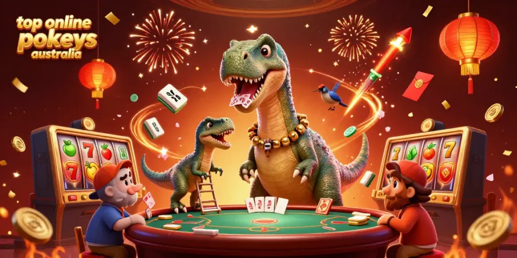Experience the excitement of top online pokies Australia with energetic characters in a vibrant casino setting.