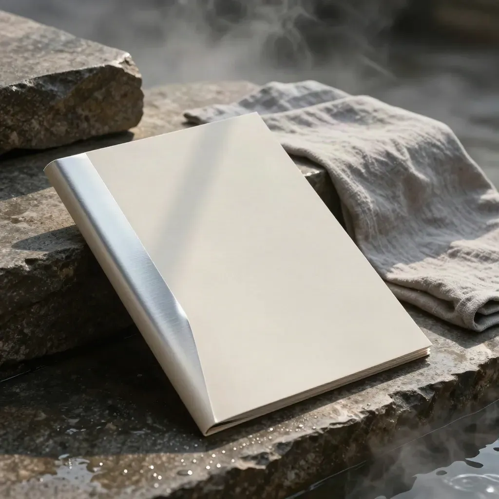 Folio premium per sito vetrina su ledge bagnato con lino, metallo spazzolato e pietra