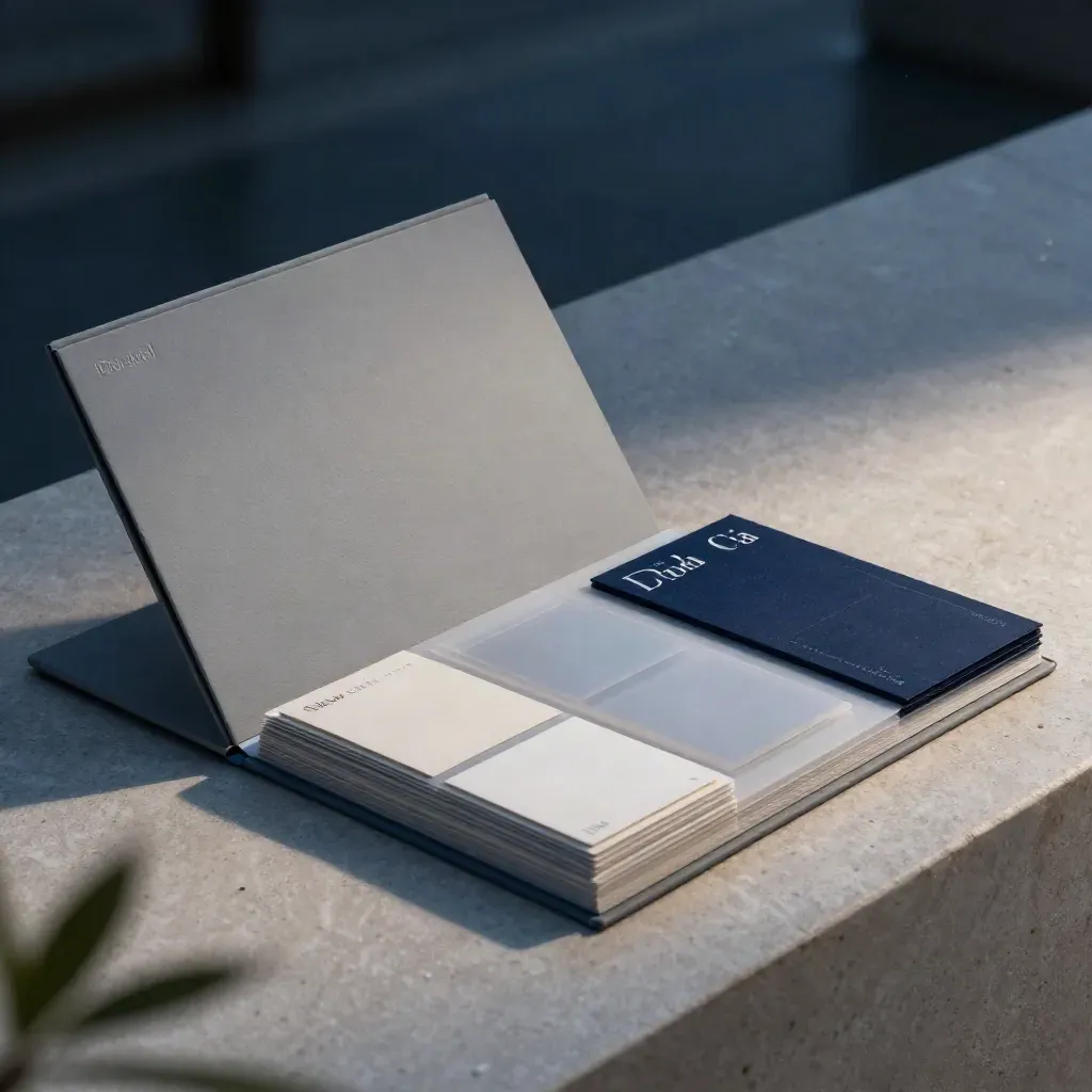 Folio brand premium con campioni colori, carte e buste su pietra umida, luce serale soffusa.