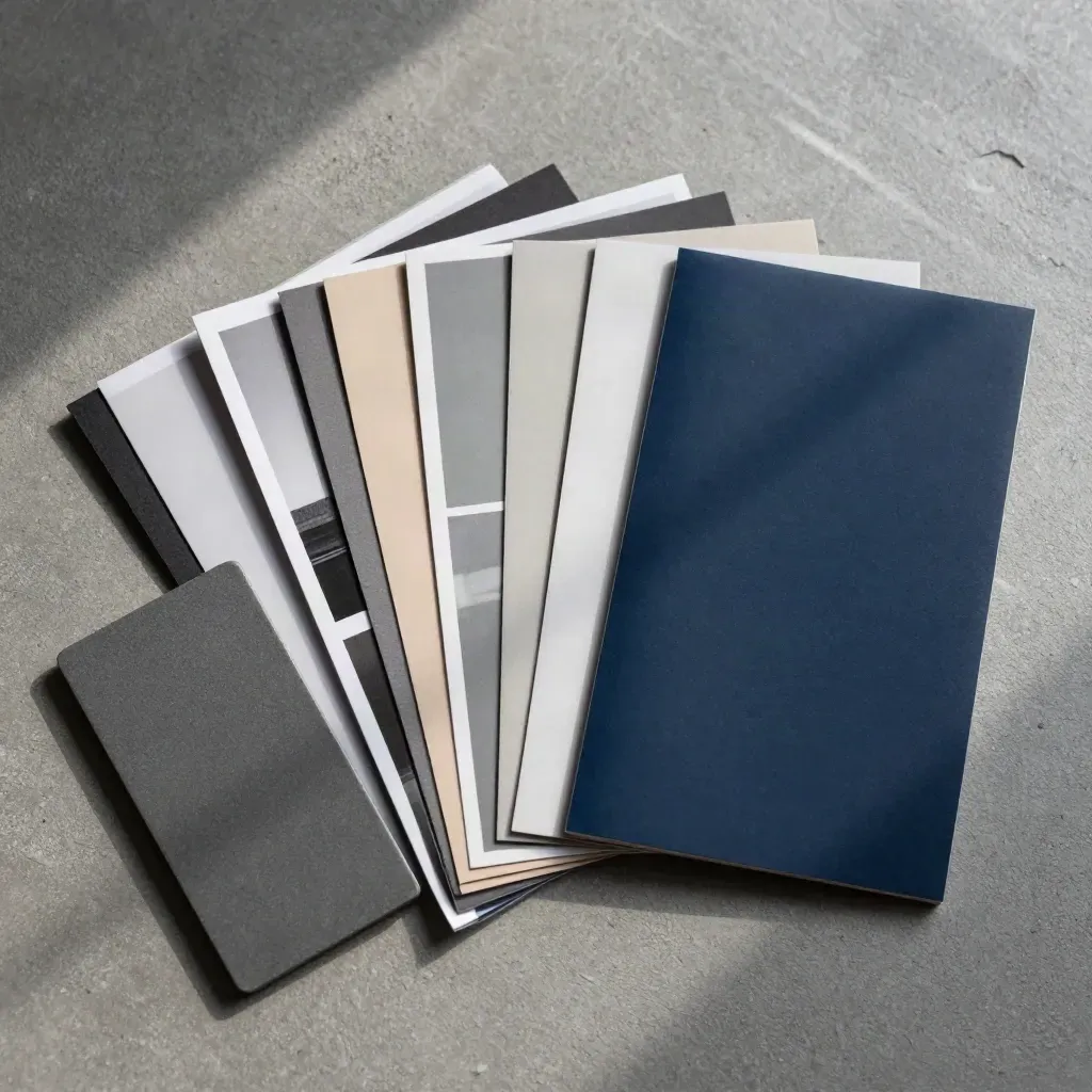 Flatlay dall’alto con storyboard, tile per smartphone e campioni stampa su cemento grigio.