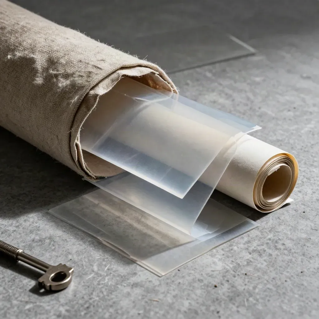 Pannello creativo con acetati, fogli arrotolati e lino grigio ardesia in luce radente.