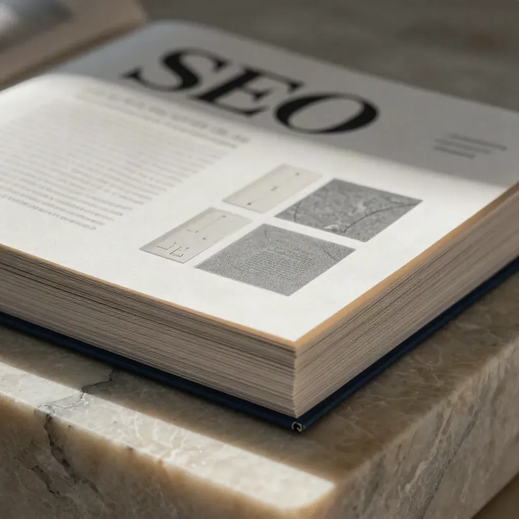 Folio audit SEO locale con inserti a tab e campioni carta su pietra travertino