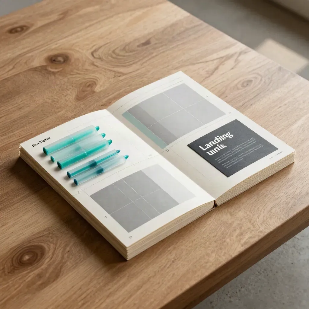 Flat lay dall'alto con blueprint landing page, schede modulari e segnapunti turchesi.