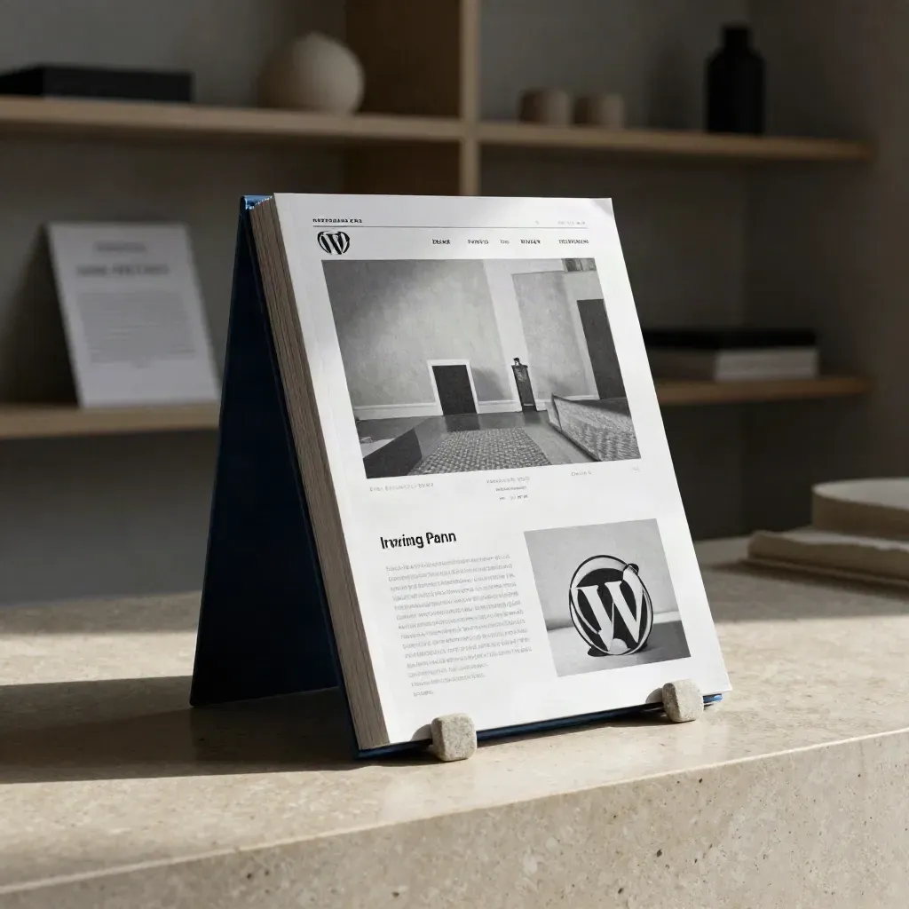 Folio WordPress elegante con mockup pagine, lino e pietra su plinto chiaro
