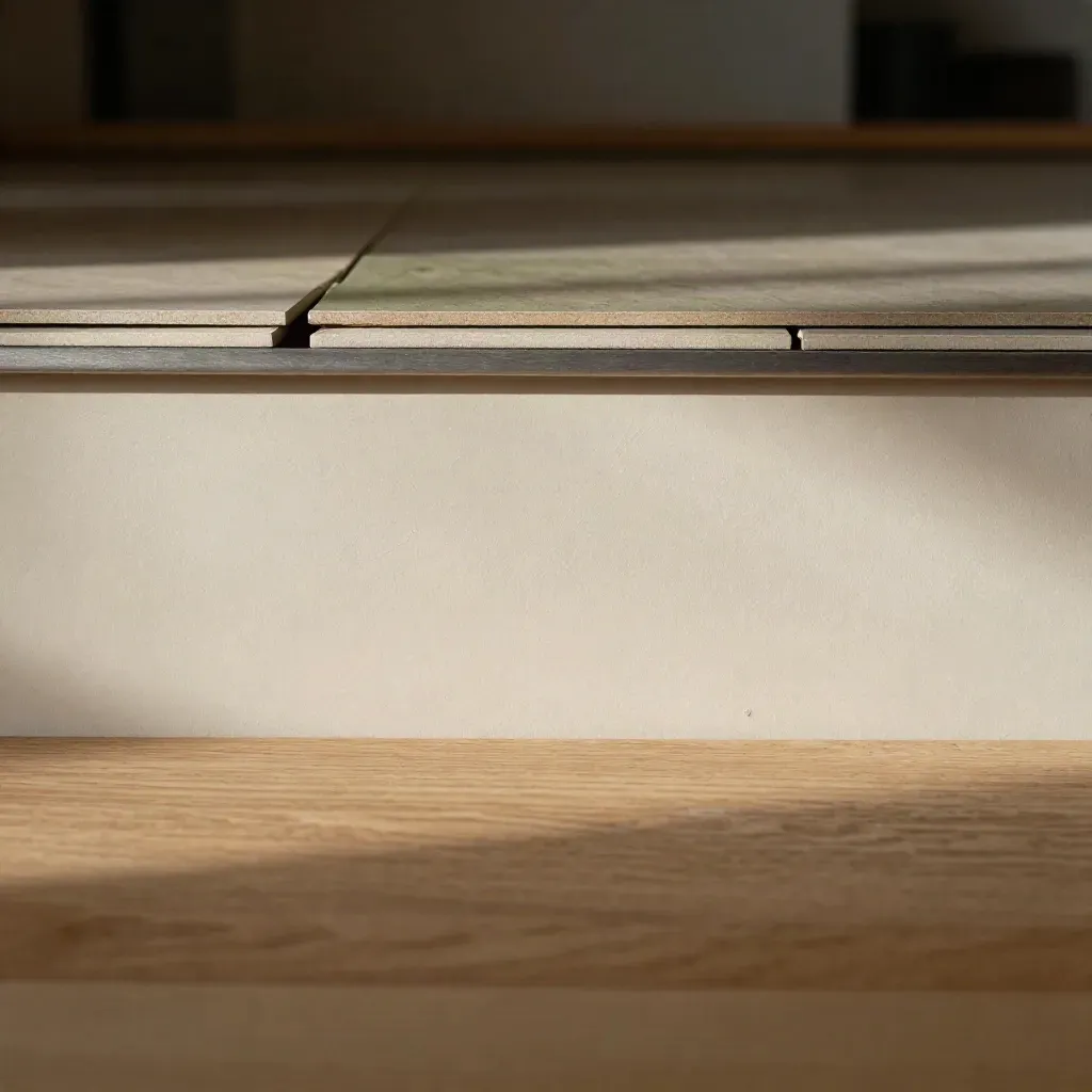 Superficie in rovere con forme in gesso e luce morbida, elegante e minimale.