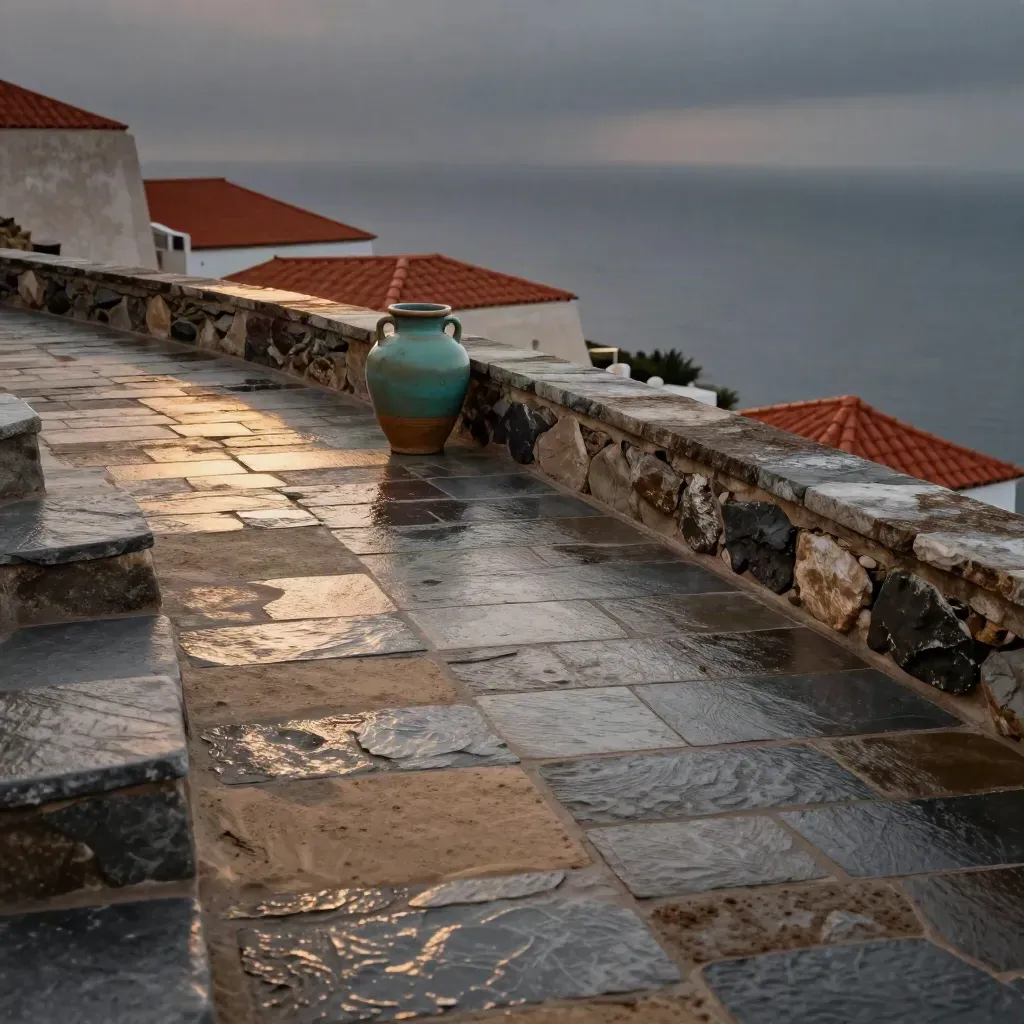 Terrazza di pietra bagnata al tramonto, anfora ceramica turchese e tetti lontani nella foschia marina.