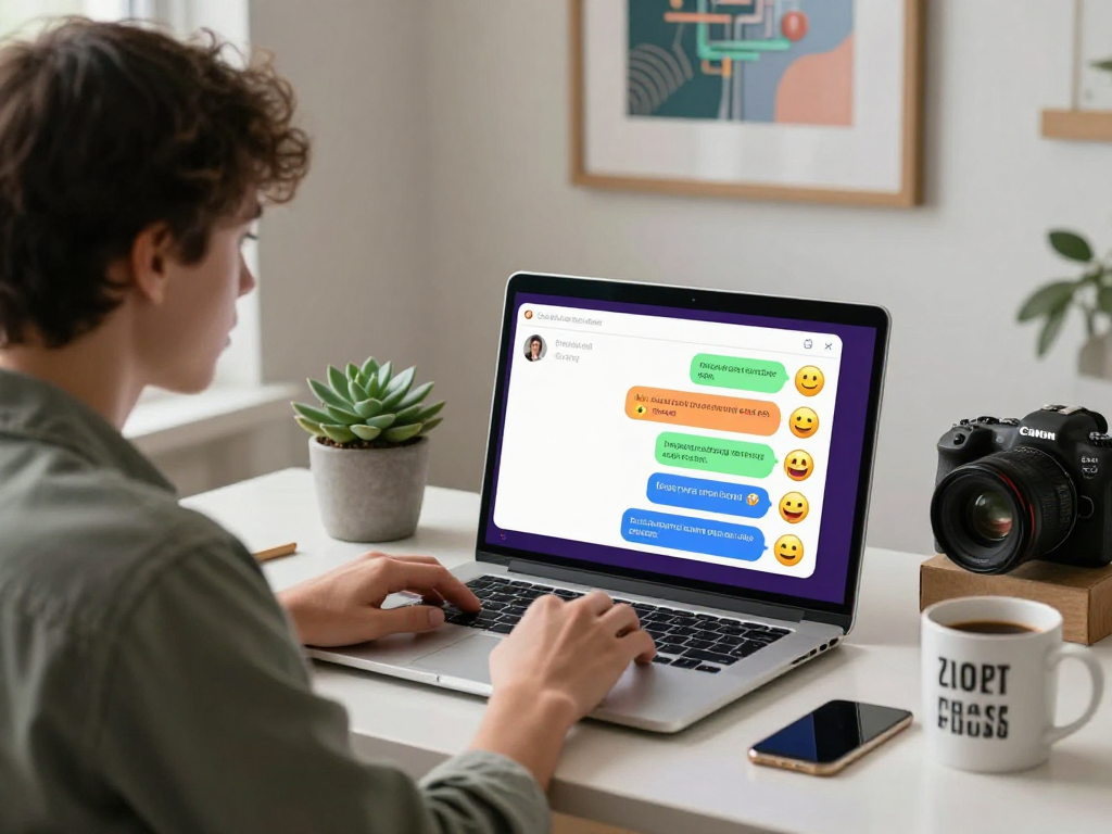 User interacting with spicy chat AI on sleek laptop in cozy home office with lively chat interface.