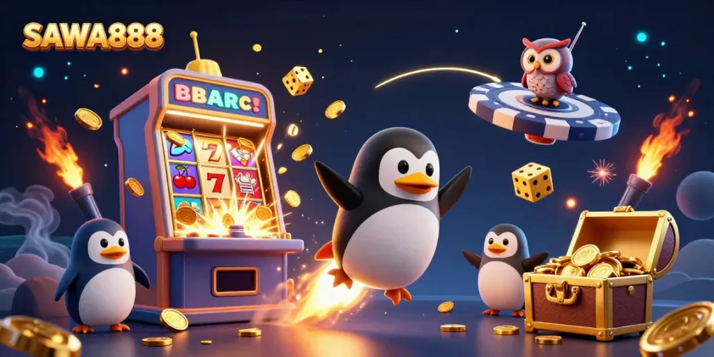Experience SAWA888 with a dynamic casino scene featuring a golden penguin and slot machine explosion.