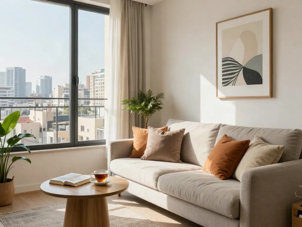 Stylish discreet apartment in Haifa featuring cozy furnishings and natural light.