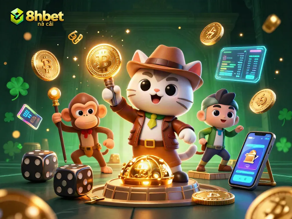 Engage with thrilling 8xbet nhà cái gaming adventures in a vibrant casino world illustration.