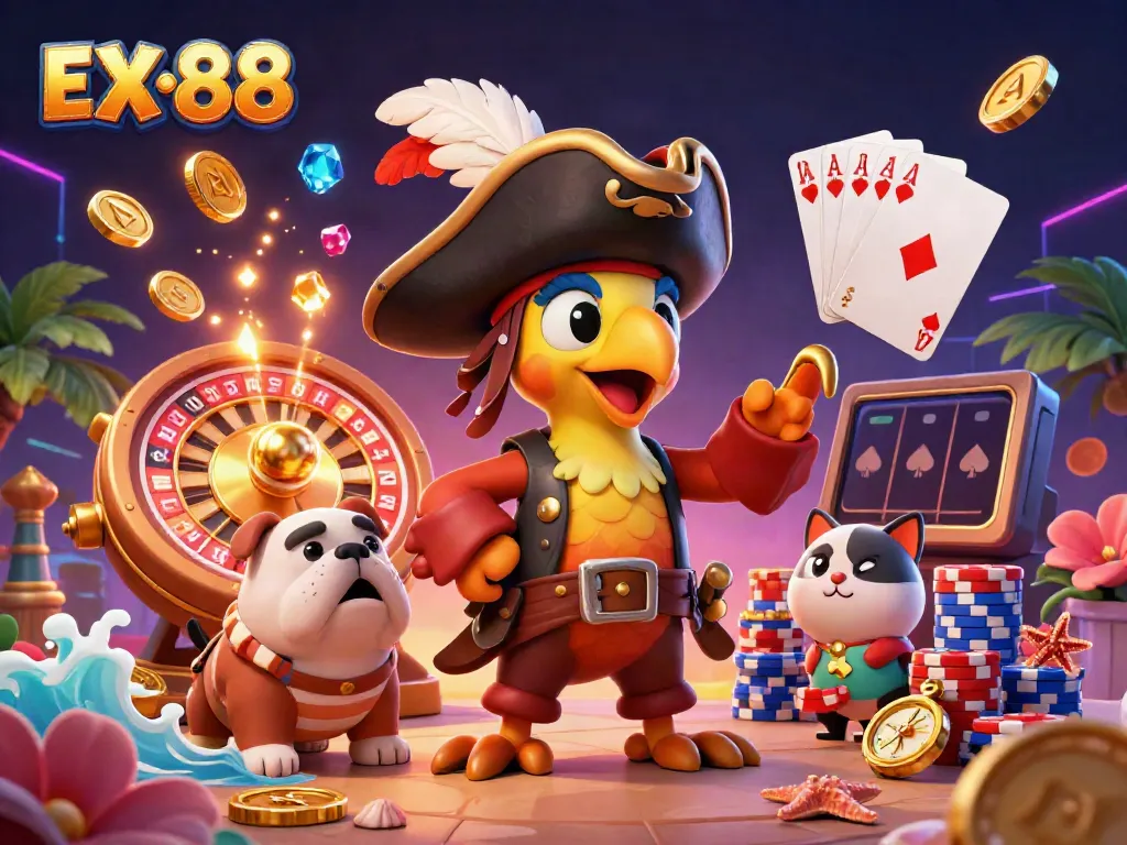 Engage with EX 88 in a vibrant casino scene featuring a pirate captain and gaming elements.