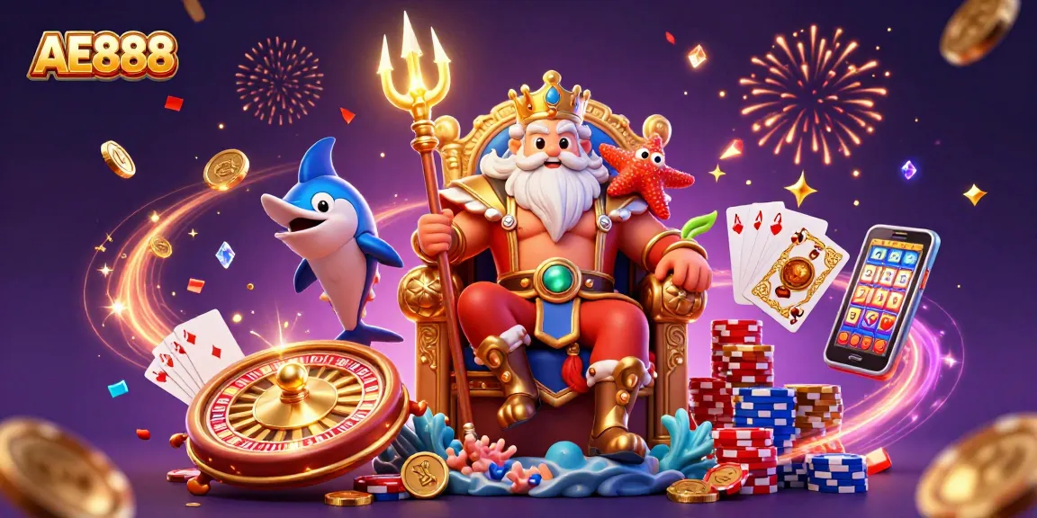 Engage with AE888 at the vibrant digital casino featuring Neptune, gold coins, and lively games.