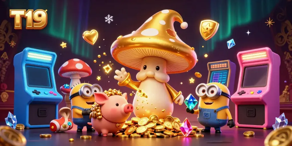 Engage with T19's vibrant casino magic featuring a wizard, treasures, and arcade elements.