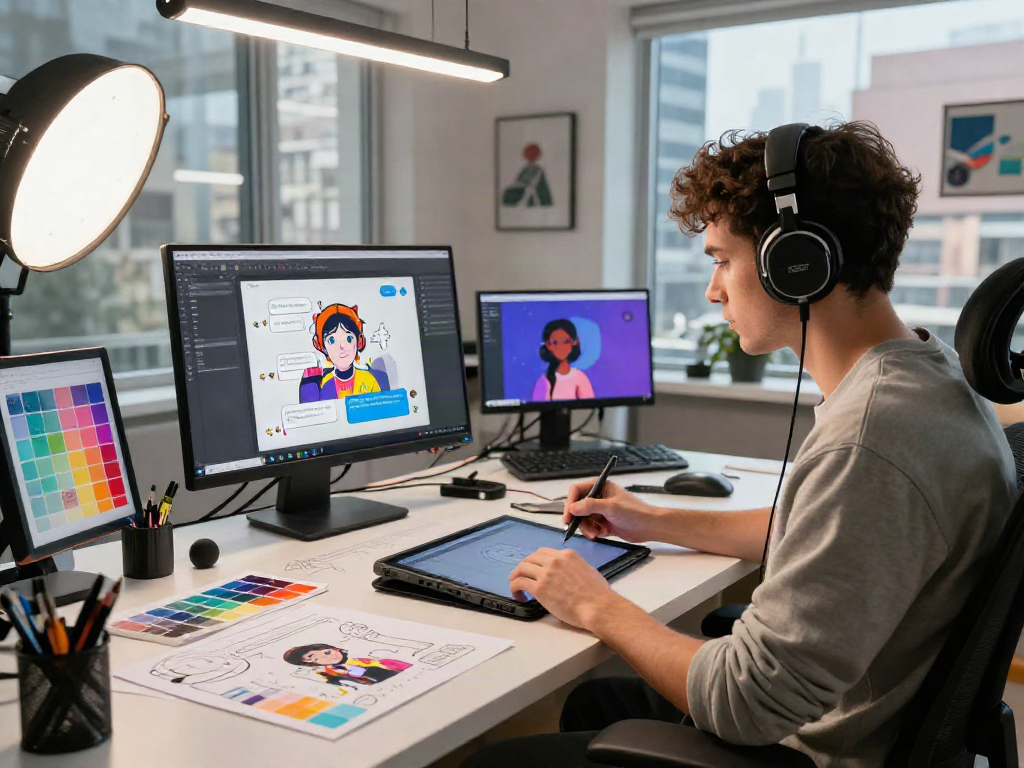 A digital artist creating vibrant illustrations for ai nsfw chat in a dynamic studio environment with digital tools and city views.