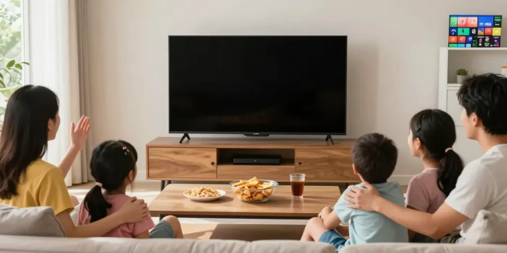 Miglior IPTV Italia family enjoying live sports in a cozy living room.