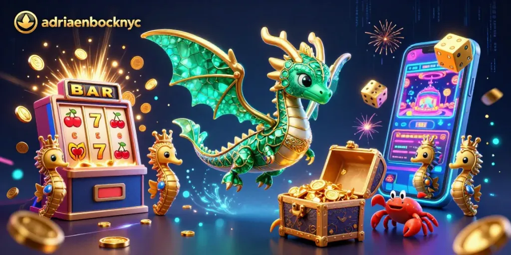 Engage with adriaenblocknyc's vibrant casino scene featuring colorful slot symbols and treasure.