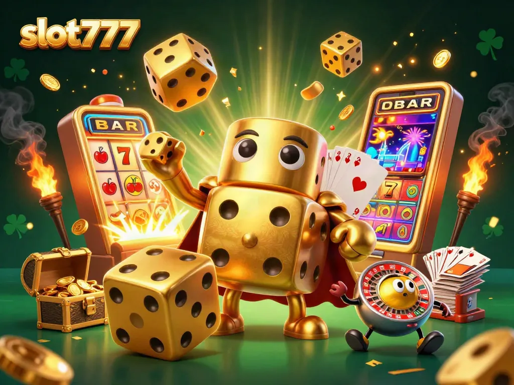 Experience the excitement of slot777 with dynamic golden dice and slot machine action in a vibrant casino scene.