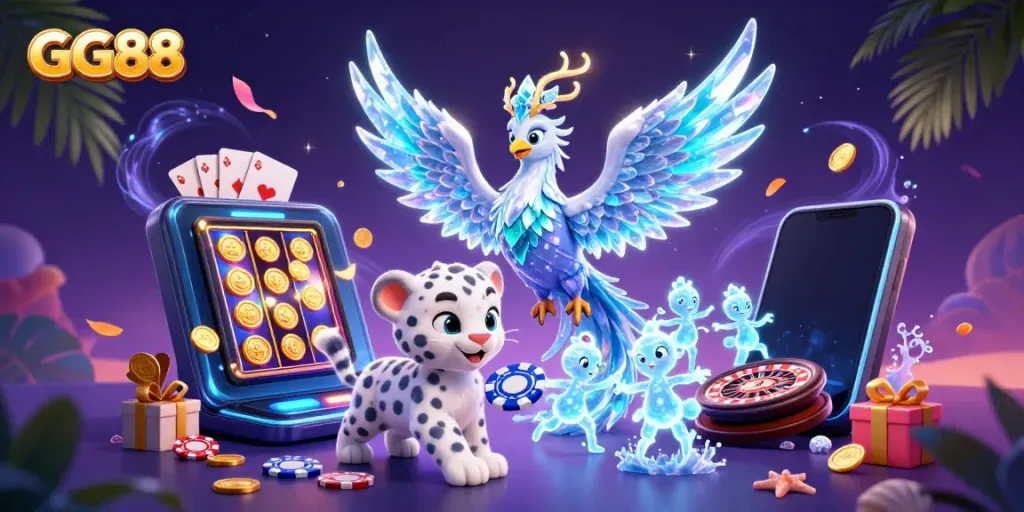 Engage with the magical GG88 gaming experience featuring an ice phoenix, poker chip, and vibrant casino atmosphere.